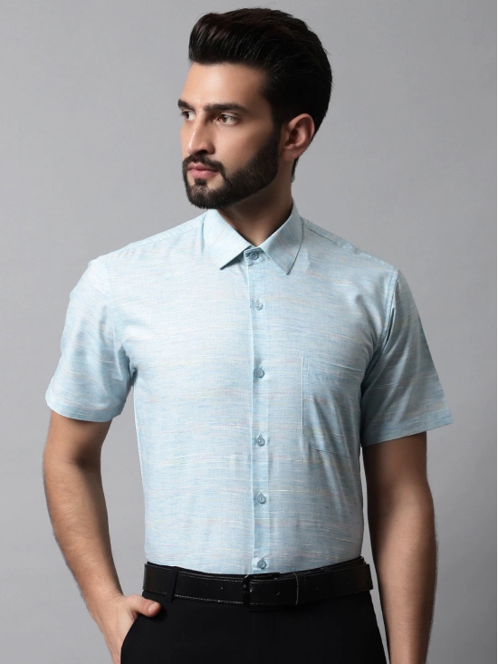 Men Sky Blue Woven Design Short Sleeves Formal Shirt-S / Blue