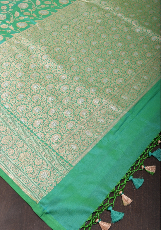 Sea Green Exquisite Banarasi Alfi Jaal Katan Saree | SILK MARK CERTIFIED