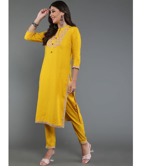 Antaran Viscose Embroidered Kurti With Pants Womens Stitched Salwar Suit - Yellow ( Pack of 1 ) - None