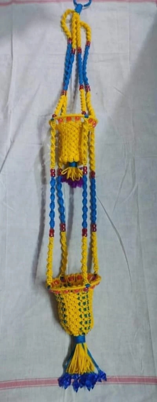 Macrame Hanging Planter with 2 Pots, Yellow and Blue