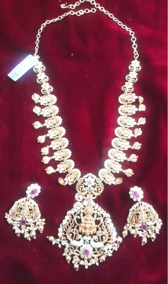 Stunning Lakshmi Temple Haram Necklace Set in Gold with Pearls and Rubies