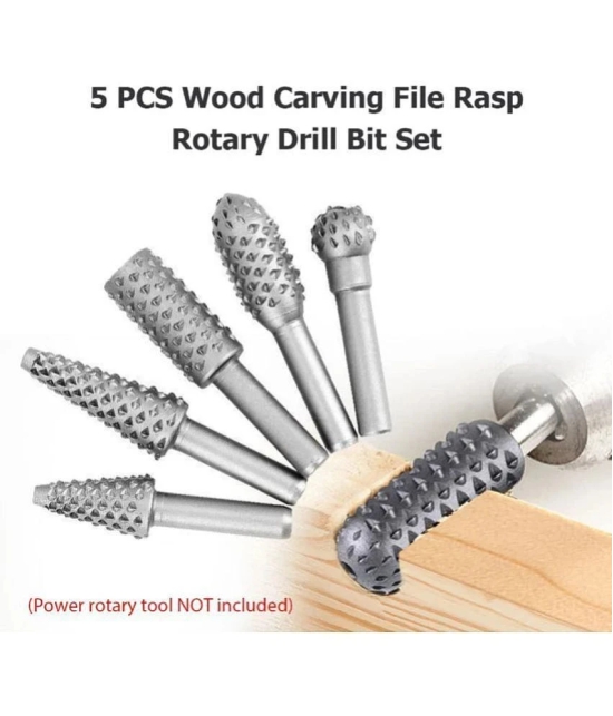 5 PCS Rotary Burr Rasp Wood Carving File Woodworking Drill Bit 1/4-inch Round Shank Chisel Embossed Deburring Polishing Grinding Head for Carpenter