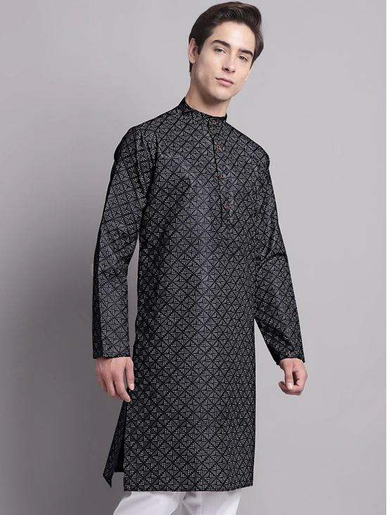 Mens Black Printed Pure Cotton Kurta-XL / Black