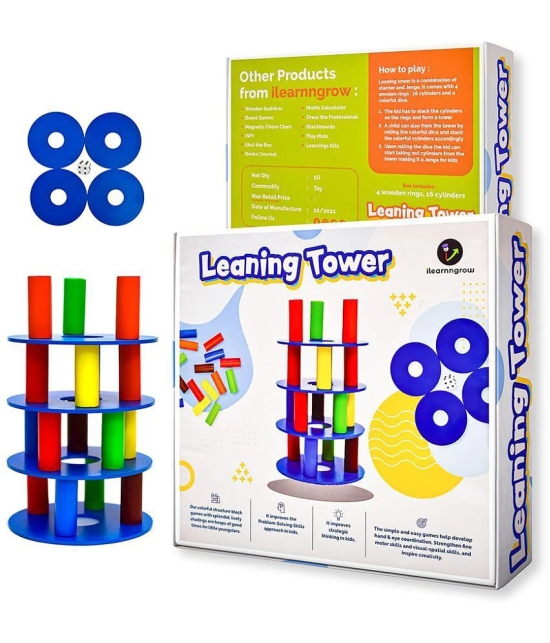 ILEARNNGROW Wooden Tower Stacking Game Leaning Tower I Fine Motor Skill Building Blocks with Dice Toppling Leaning Tower Toy I Montessori Family Party Games for Kids â?? Multi - Multicolor