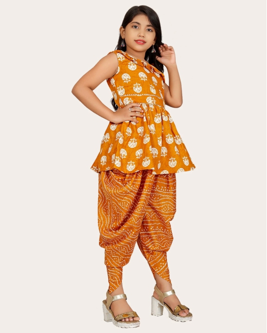 Girls A-line Sleeveless Rayon Dhoti Kurta and Dupatta Set Festive & Party Floral Print Square Neck Dupatta Net Border Lace.-Yellow / 10 - 11 Years