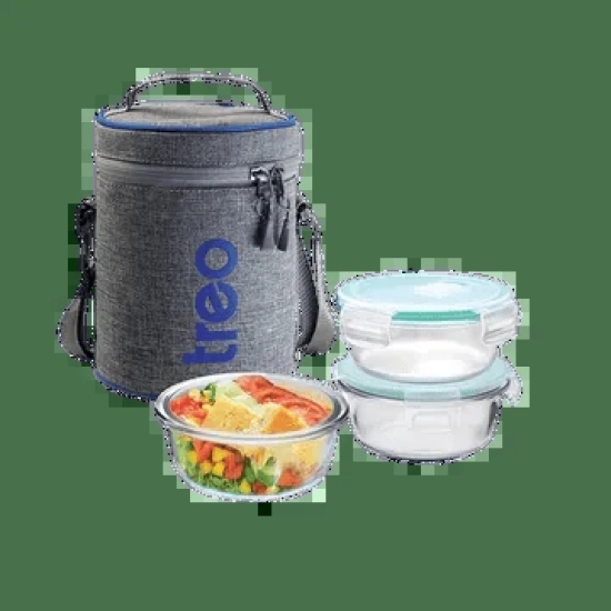 Treo All Fresh 400ml Glass Round Tiffin with Lid (Set of 3, BPA Free, Transparent)