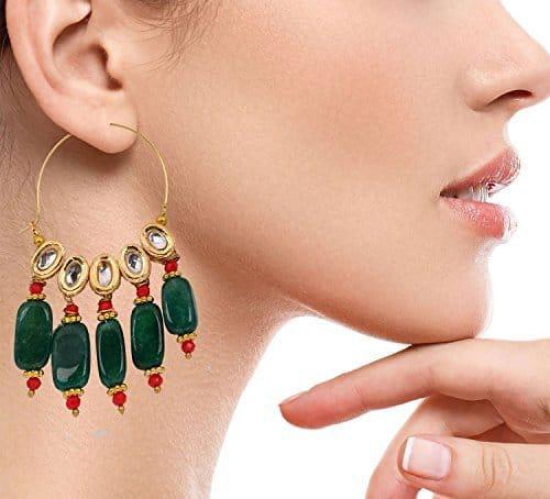 Abhaah Rajasthani handmade bollywood fancy party wear indo western green and red stone kundan meenakari chandbali hoop Earrings for women and girls