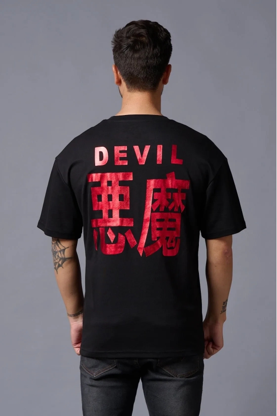 Chinese Devil in Red Foil Print Black Oversized T-Shirt for Men XXL