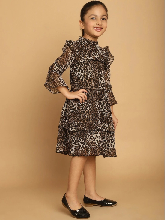 MINI & MING Girls Animal Printed Ruffled Bell Sleeves Georgette Fit & Flare Dress