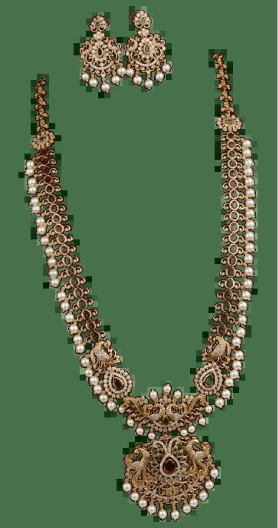 Mat Finish Bridal Gold Plated Ruby and Pearl Long Necklace Set With Earrings