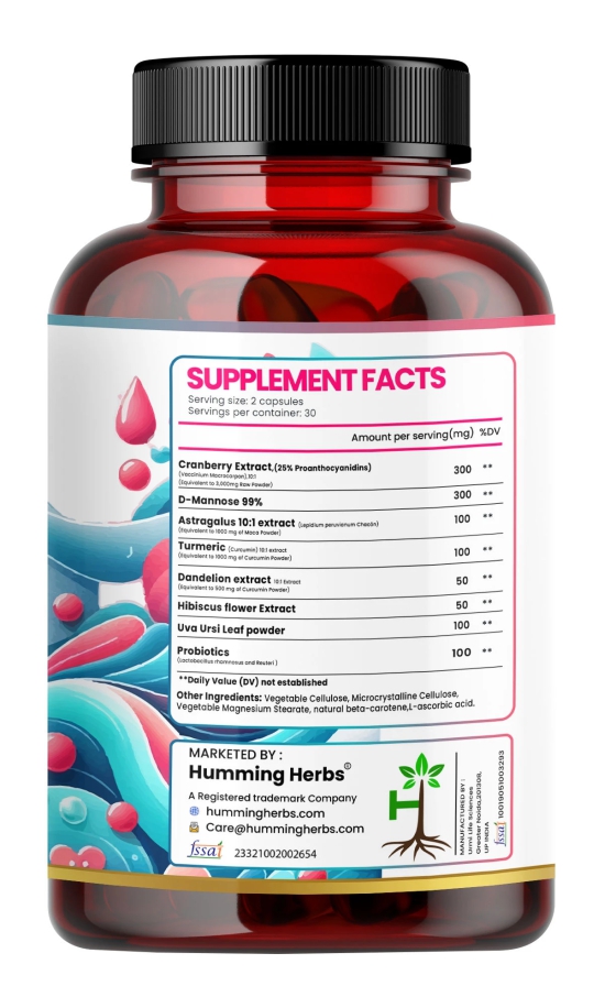 Humming Herbs UTI Wellness Essence 1100mg - Advanced 8-in-1 Urinary Tract Support Formula with Cranberry, D-Mannose, & Probiotics - Promotes Bladder Health & Immunity, 60 Capsules - Pack of 2