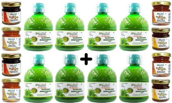 Farm Naturelle-Strongest Ayurvedic Aloevera Wheatgrass Juice-Detoxifier, Improved Digestion, Skin Health and a Fat fighter-4x400ml+ 55gx4 Herbs Infused Forest Honey