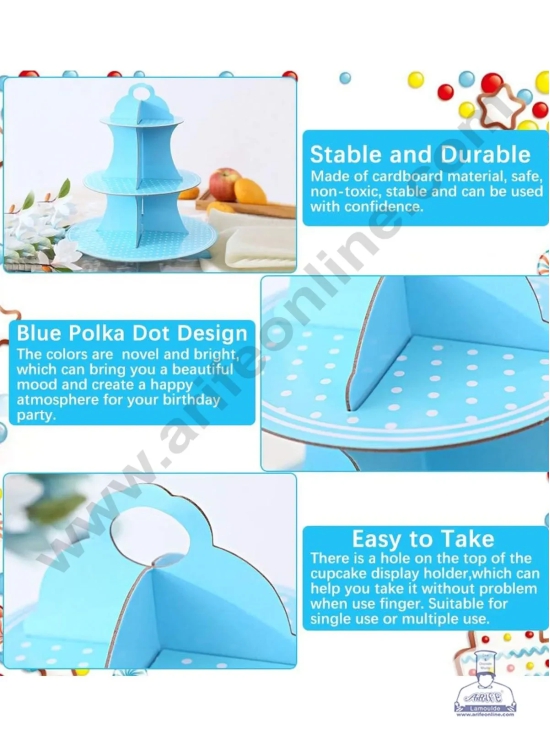 Cake Decor™ 3 Tier Small Polka Dots Printed Round Cardboard Cupcake Stand-SKY BLUE