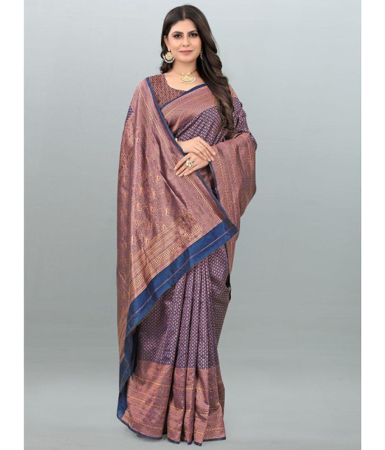 Om Shantam Sarees - Navy Blue Banarasi Silk Saree With Blouse Piece ( Pack of 1 ) - Navy Blue