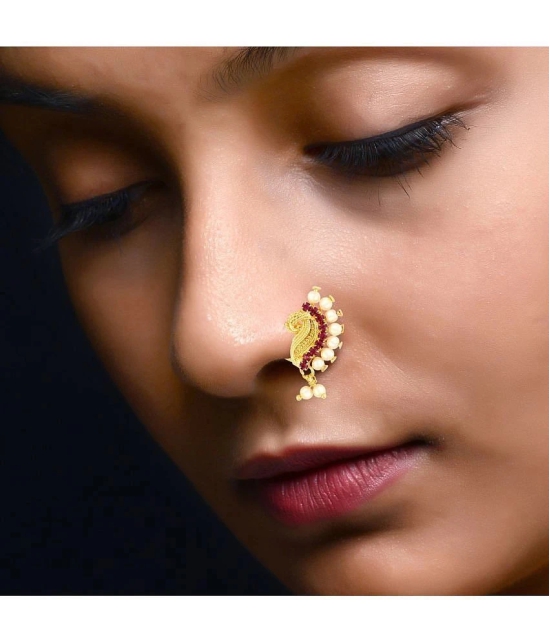 Vivastri Gold Plated Red Stone with Peals Alloy Maharashtrian Nath Nathiya./ Nose Pin for Women &Girls VIVA1007NTH-Press - Pink