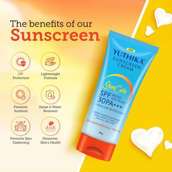 Yuthika Sunscreen SPF 30 PA+++ with UVA & UVB Protection 80g, Dermatologically Tested Sunscreen Cream for Women and Men