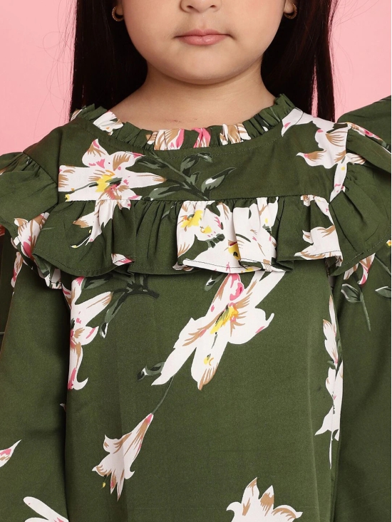 MINI & MING Girls Floral Printed Round Neck Bell Sleeves Pleated A-Line Top