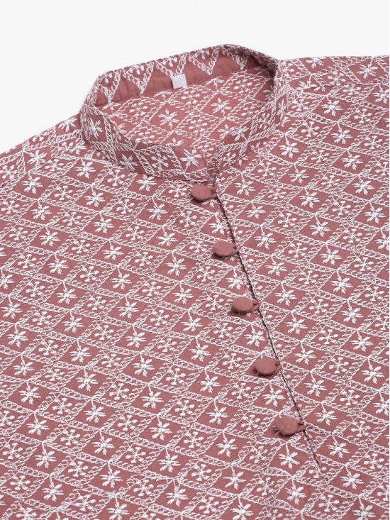 Men's Coral Red & White Embroidered Straight Kurtas-L / Pink