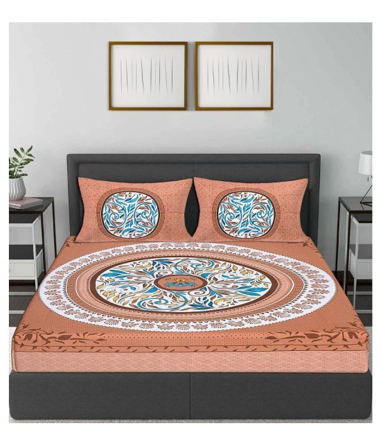 Frionkandy Cotton Ethnic Printed Queen Bedsheet with 2 Pillow Covers - Brown - Brown