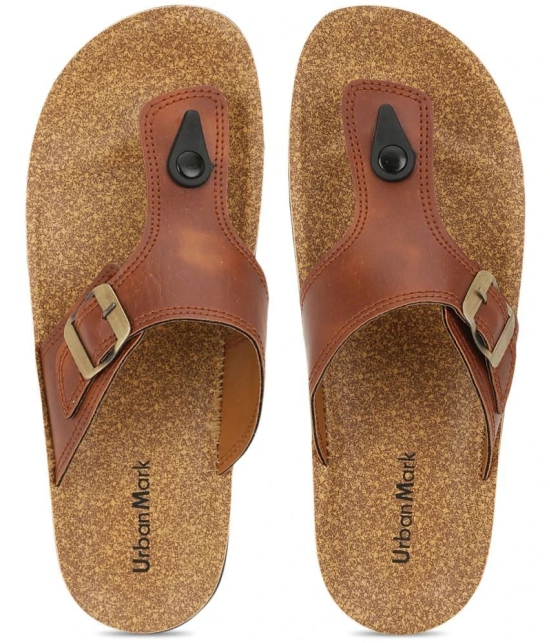 UrbanMark Men Comfortable Birkenstock T-Shape with Side Buckle Thong Flip-Flop -Tan - None