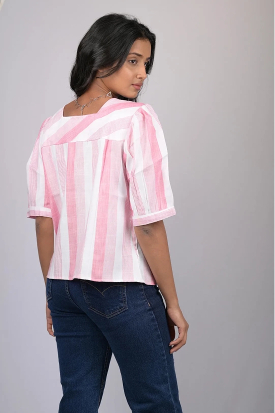 Top for women stylish and trending printed Cotton Light Pink Striped Top With Square Neck (OTL-TPS1075)-Pink / M