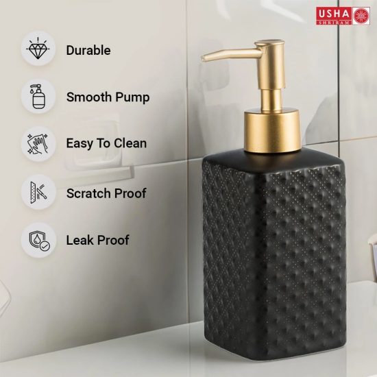 USHA SHRIRAM 350ml Ceramic Soap Dispenser Set, Kitchen Dish Soap Pump, Hand Shower, Black, Pack of 4-USHA SHRIRAM 350ml Ceramic Soap & Lotion Dispenser Set, Kitchen Dish Soap Pump, Hand Shower Wa