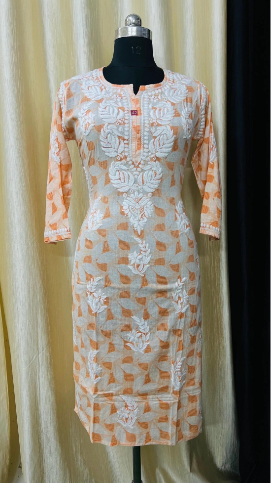 Pure Cotton Kurti-44/XXL / ORANGE / PURE MULMUL PRINTED COTTON