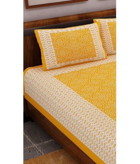 Frionkandy Cotton Ethnic Printed Queen Bedsheet with 2 Pillow Covers - Yellow - Yellow