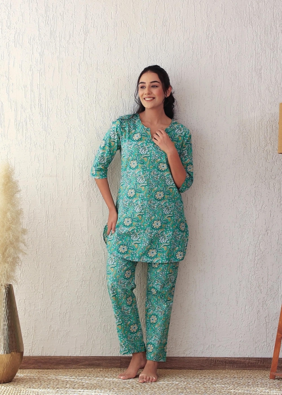 Plus size Green Floral Print Cotton Loungewear Set-L