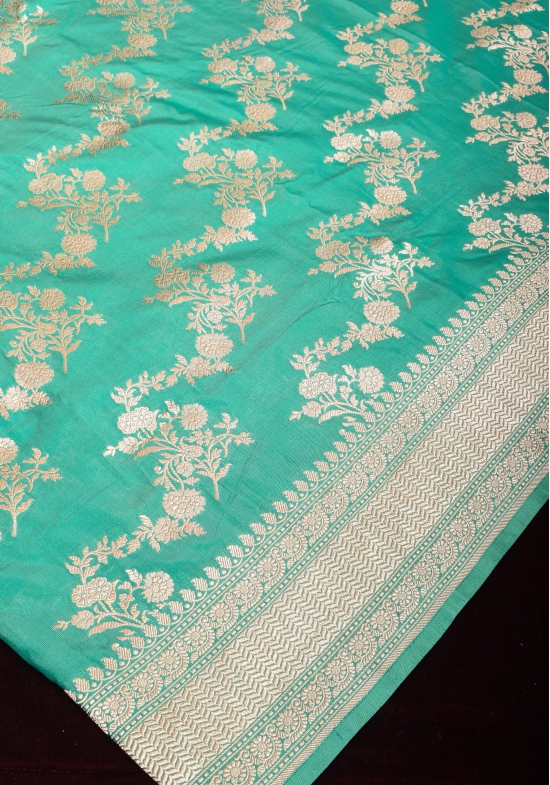 Cyan Banarasi Katan silk saree with leheria pattern and floral zari border | SILK MARK CERTIFIED