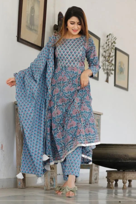 Dodge Blue Hand Block Printed Aanarkali Set XL