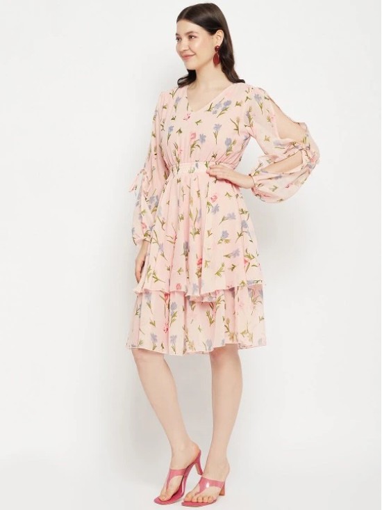 V Neck Floral Print Slit Sleeve Layered Georgette Fit & Flare Dress