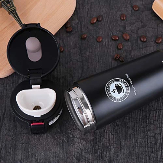 KATHIYAWADI 380 ML Stainless Steel Vacuum Insulated Travel Tea and Coffee Mug -Insulated Cup for Hot & Cold Drinks, Travel Thermos Flask with Lid (Black Color)