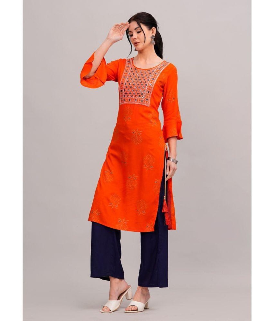 MAUKA Rayon Embroidered Kurti With Palazzo Womens Stitched Salwar Suit - Orange ( Pack of 1 ) - None