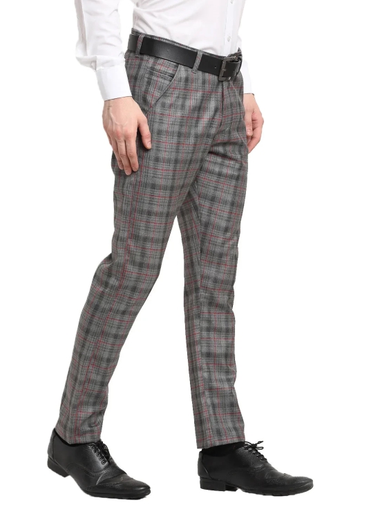 Indian Needle Men's Grey Cotton Checked Formal Trousers-32 / Grey