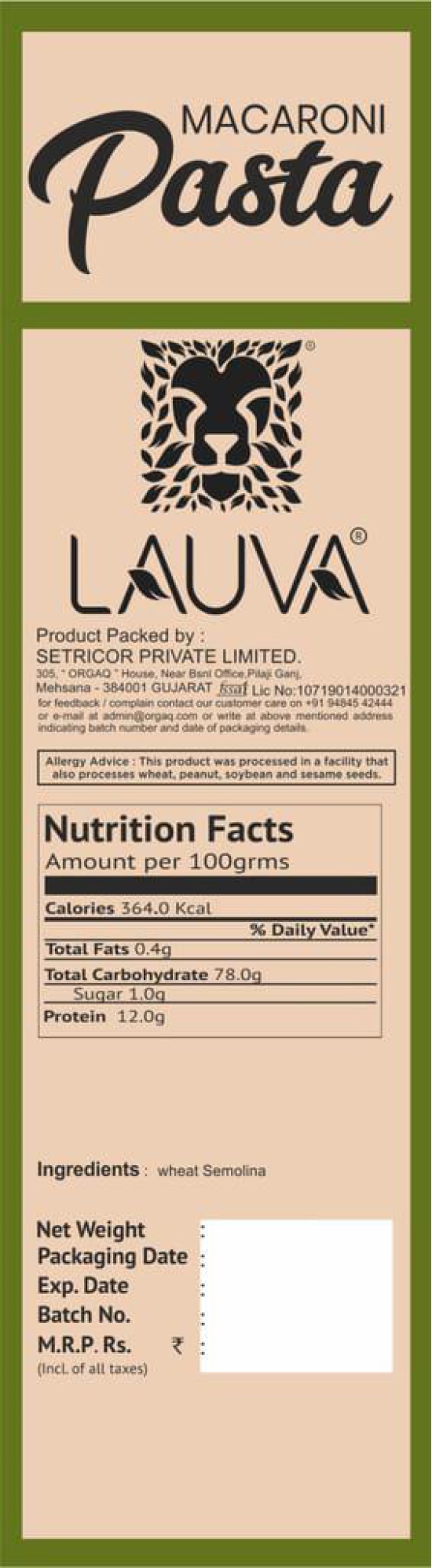 LAUVA Natural Durum Wheat Macaroni Pasta