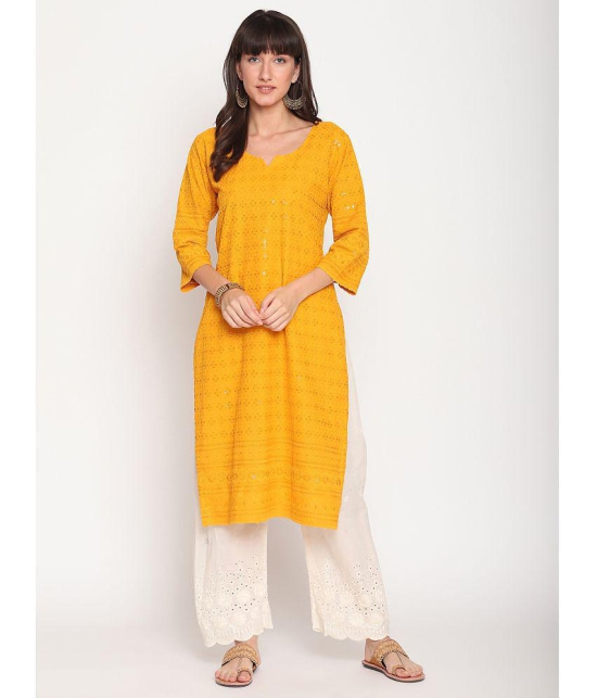 Queenley - Yellow Cotton Women's Straight Kurti ( Pack of 1 ) - XL