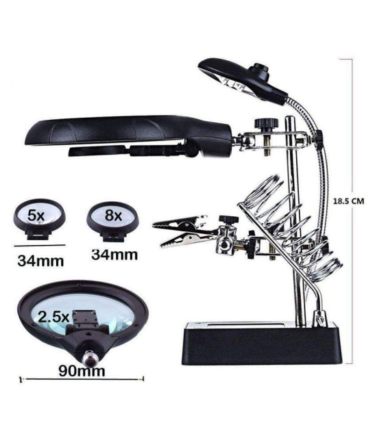 Magnifier with Magnifying Glass, Soldering Iron Helping Hand Holder Tool Stand, LED Light and Clamps to Hold PCB Includes Power Supply