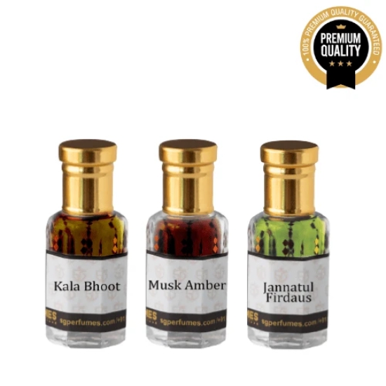 3 Pcs Attar Set Jannat ul Firdaus, Musk Amber, Kala Bhoot 12ml each-12ml