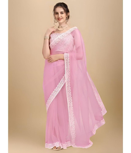 Rangita Women Solid Embroidered Net Saree with Blouse Piece - Pink - Pink