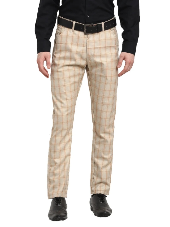 Indian Needle Men's Cream Cotton Checked Formal Trousers-30 / Cream