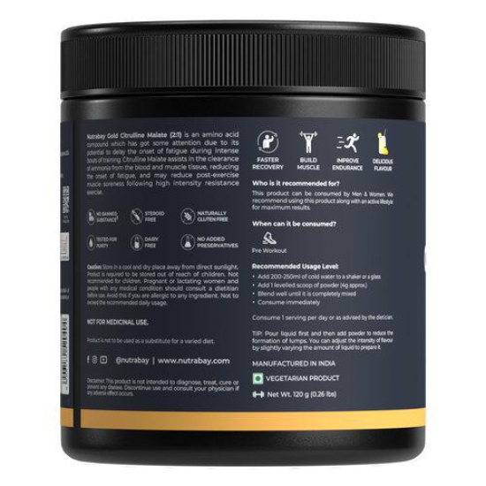 Nutrabay Gold Citrulline Malate 2:1 Supplement Powder - 120g, Lemon Flavor | Boosts Nitric Oxide, Pre Workout Amino Acid for Muscle Strength & Endurance