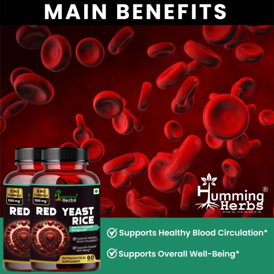 Humming Herbs Red Yeast Rice 500mg - Natural Cholesterol Support with CoQ10, Policosanol & Lycopene - Promotes Heart Health & Blood Circulation - Pack of 2