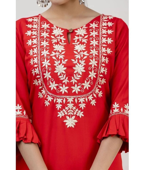 MAUKA - Red Rayon Womens Straight Kurti ( Pack of 1 ) - None