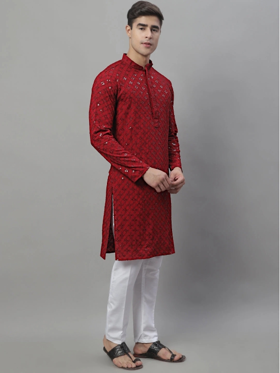 Mens Maroon Chikankari Embroidered and Sequence Kurta with Pyjama.-L / Maroon