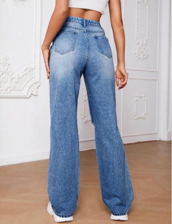 High Waist Knee Cut Jeans - Medium Blue-34