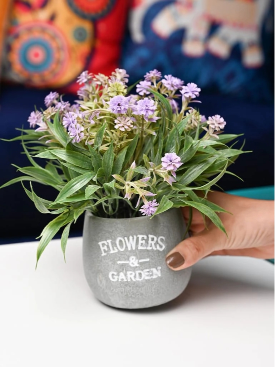 Lavender & Green Artificial Flower with Pot - Cylindrical Shape with Flowers & Garden Print