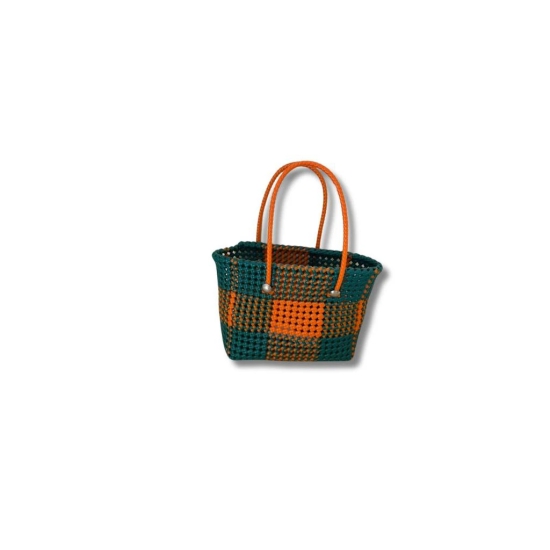 Small Handwoven Market Basket with Checkered Pattern