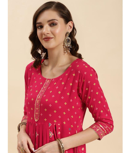 Rangita Women Pink Rayon Printed Calf Length Nayra Kurti - None