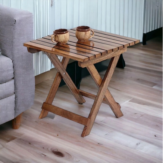 Wooden Twist Modern Contemporary Foldable Mango Wood End Table-Brown